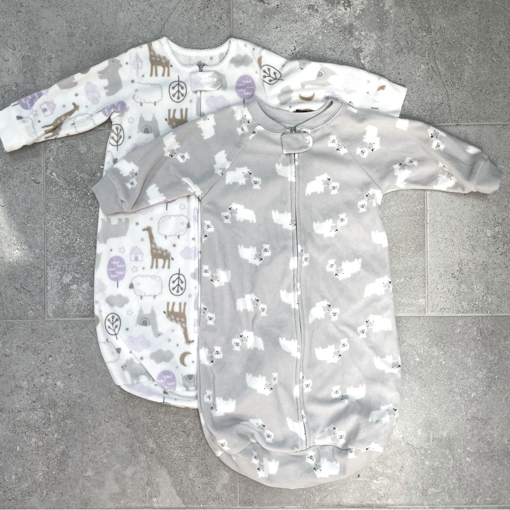 Bundle of 2 Carter’s fleece sleep sacks, 0-9 months, grey/white/purple